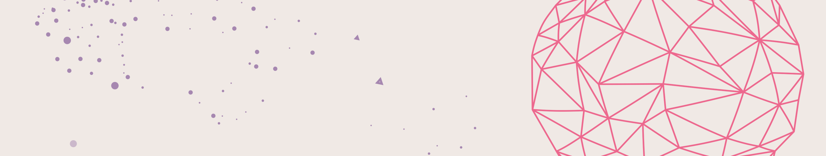 Ein abstraktes Design zeigt rechts eine große, rosa, geometrische Kugel aus miteinander verbundenen Linien. Links sind kleine violette Punkte und Dreiecke über einen hellen Hintergrund verstreut und erinnern an einen lebendigen Erkundungsraum für Lernanbietende auf der Suche nach Inspiration.