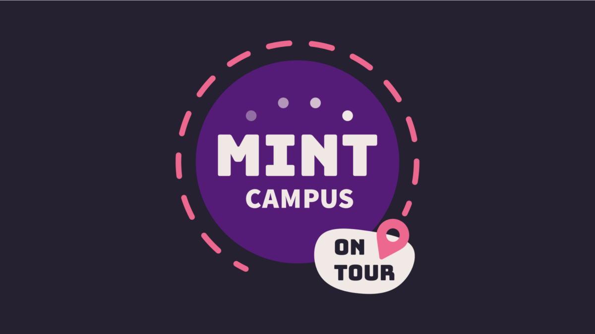 Logo für „MINT-Campus on Tour“. Das Design zeigt einen violetten Kreis mit dem weißen Text „MINT“ und darunter „CAMPUS“. Ein gestrichelter rosa Kreis umgibt den Text, und es gibt eine weiße Sprechblase mit dem Text „ON TOUR“ und eine rosa Standortnadel. Der Hintergrund ist dunkelblau.