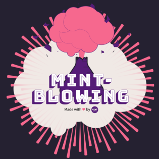 Stilisierte Grafik mit einer rosa Explosion und nach außen gerichteten Strahlen. In der Mitte steht in großen, blockförmigen Buchstaben „MINT-BLOWING“ und darunter „Made with ♥ by MINT“. Ein kleines lila Logo mit „MINT“ in einem Kreis ist ebenfalls vorhanden.