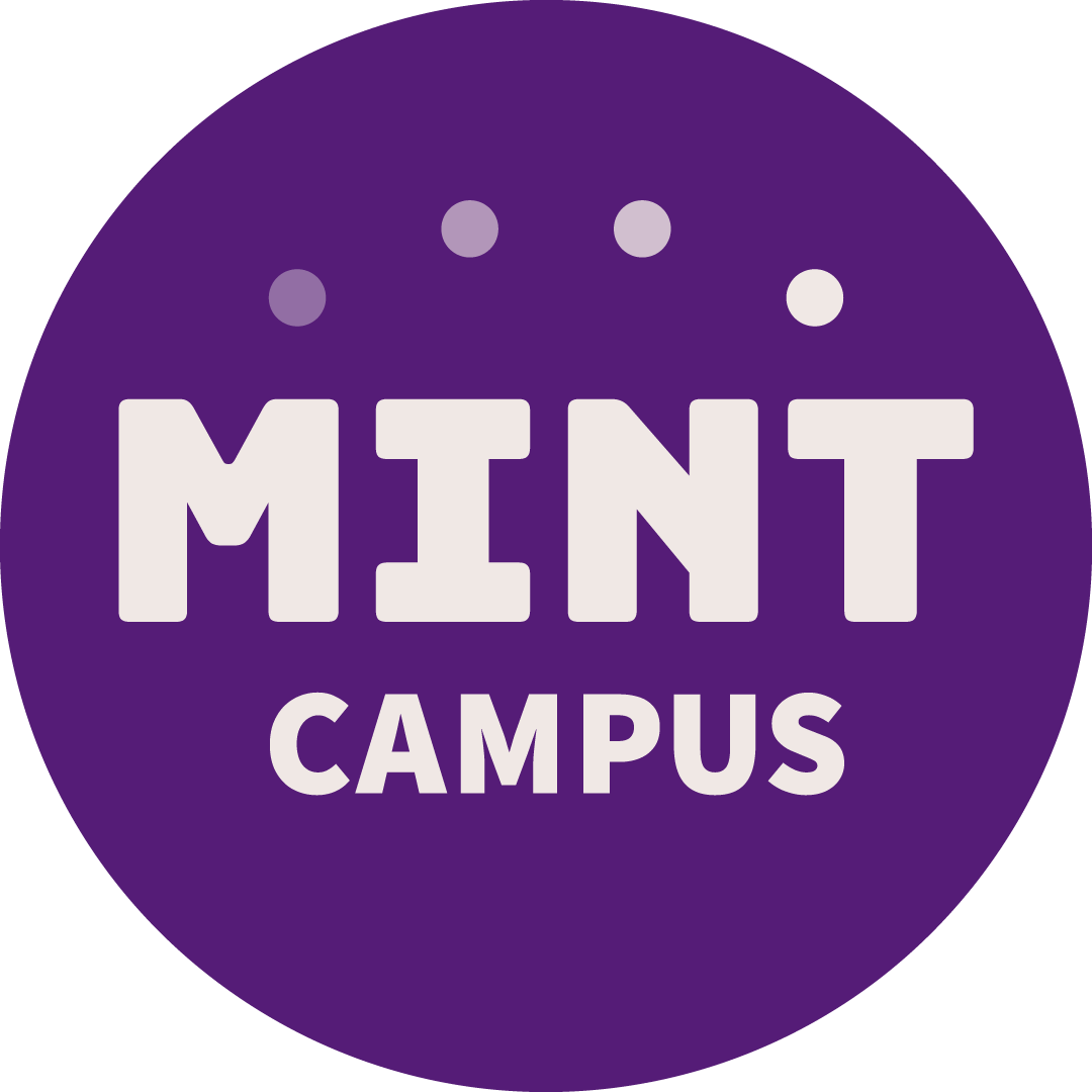 Ein violettes, rundes Logo mit dem Wort „MINT“ in großen weißen Buchstaben und darunter in kleineren weißen Buchstaben „CAMPUS“. Über „MINT“ befinden sich vier aufsteigende Punkte in violetten Farbverläufen.