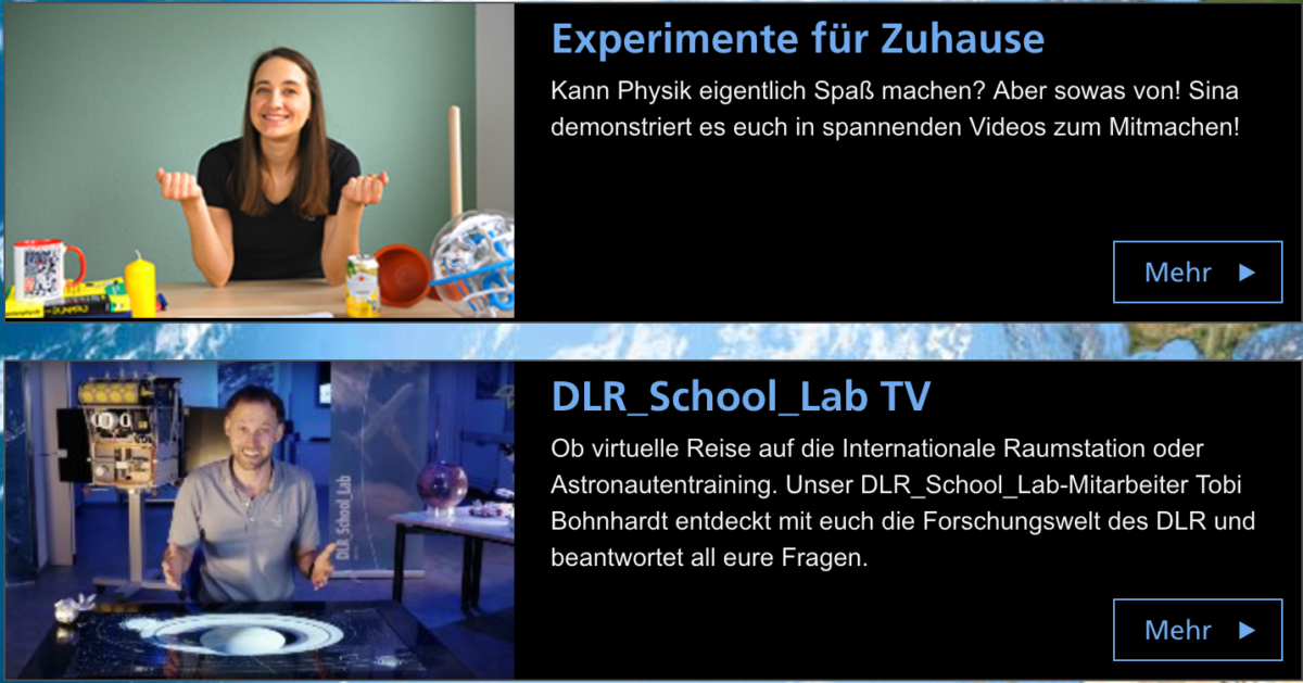 Ein Screenshot einer Website mit drei Abschnitten auf Deutsch: „Experimente für Zuhause“ zeigt eine Frau mit wissenschaftlichen Requisiten, „DLR_School_Lab TV“ zeigt einen Mann in einer Laborumgebung und „Mein Fragebuch“ mit einem nachdenklichen Kind und Fragezeichen im Hintergrund. Lernen Sie „Forschendes Lernen“ kennen, indem Sie in jedem Abschnitt auf die Schaltfläche „Mehr“ klicken.