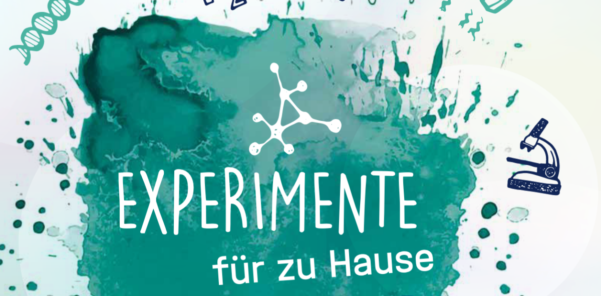 Ein Deckblatt mit dem Titel „EXPERIMENTE für zu Hause, Band 4“, das Forschendes Lernen betont. Der Hintergrund zeigt einen blaugrünen und grünen Aquarellklecks mit verschiedenen wissenschaftlichen Kritzeleien, darunter ein Mikroskop, ein Reagenzglas, ein Becher und überall verstreute Molekülstrukturen.