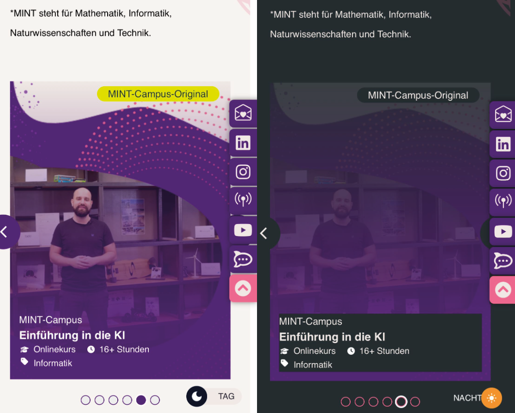 Screenshot eines Videos in einer App-Oberfläche, das zwei Modi zeigt: „Tag“ links mit weißem Hintergrund und „Nacht“ rechts mit schwarzem Hintergrund. Im Video ist eine Person zu sehen, die vor einem Bücherregal steht und einen Kurs mit dem Titel „Einführung in die KI“ vorstellt.