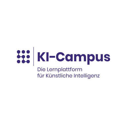 Logo des KI-Campus mit einem Raster aus Punkten, die links ein Muster bilden, und dem Text „KI-Campus“ rechts. Darunter steht der Slogan auf Deutsch: „Die Lernplattform für Künstliche Intelligenz“. Das Design ist in Lila gehalten.