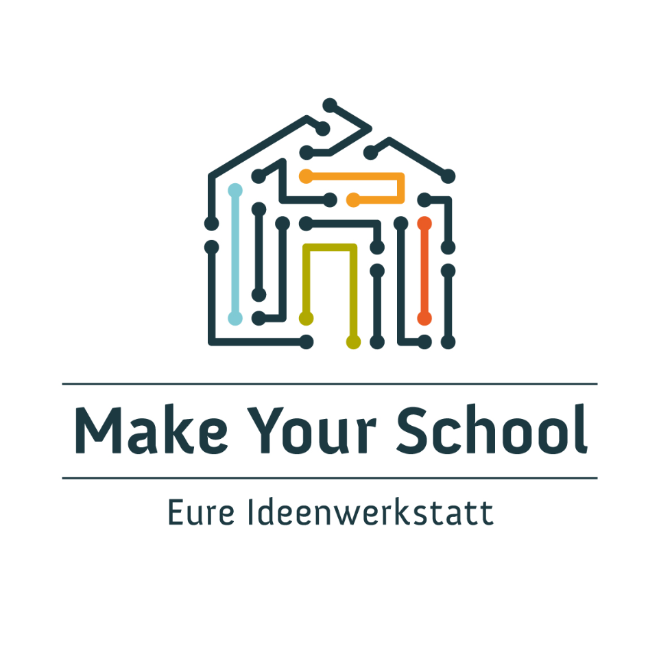 Logo für „Make Your School – Eure Ideenwerkstatt“ mit einem stilisierten Haus aus miteinander verbundenen Linien und Punkten, die Schaltkreise oder technologische Verbindungen darstellen. Der Text befindet sich in einer klaren, serifenlosen Schriftart unter dem Hausdesign.