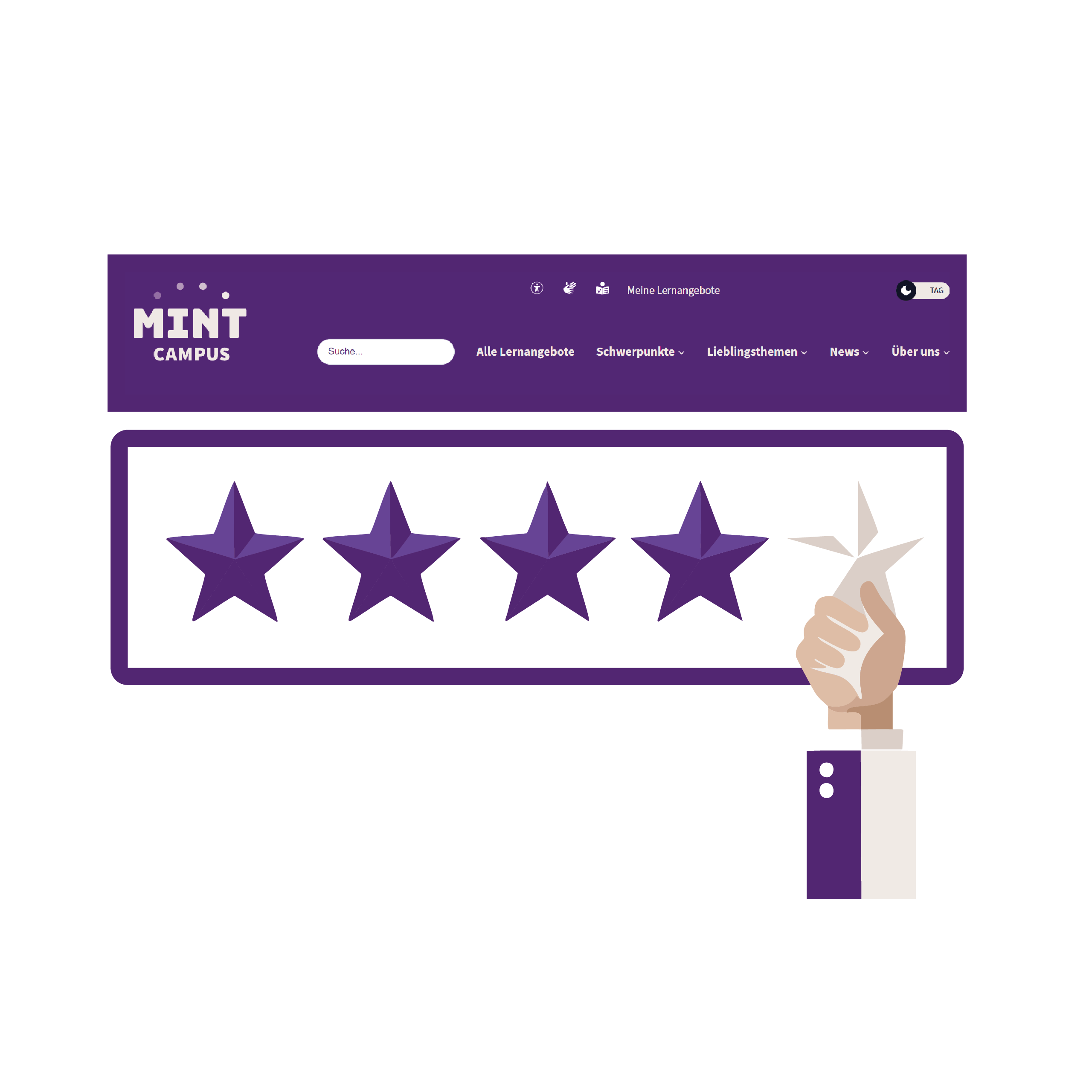 Abbildung eines violetten Website-Headers mit der Aufschrift „MINT Campus“ mit Suchleiste und Menü. Darunter sind prominent fünf violette Sterne zu sehen, daneben eine Hand, die einen Daumen hochstreckt, was eine positive Bewertung oder Rezension anzeigt.