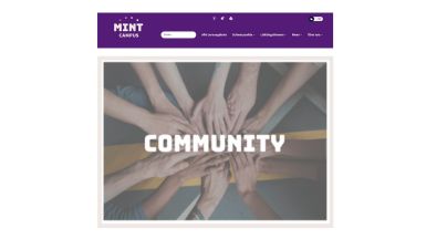 Eine Gruppe unterschiedlicher Hände streckt sich in die Mitte und bildet einen Kreis auf grauem Hintergrund. In der Mitte ist deutlich das Wort „COMMUNITY“ zu sehen. Am oberen Rand befindet sich ein violettes Banner mit dem Text „MINT CAMPUS“.