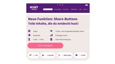 Eine Werbegrafik für eine neue Freigabefunktion auf einer Website. Sie hebt die Teilfunktion hervor. Zu den Freigabeschaltflächen gehören Link, LinkedIn, WhatsApp und E-Mail.