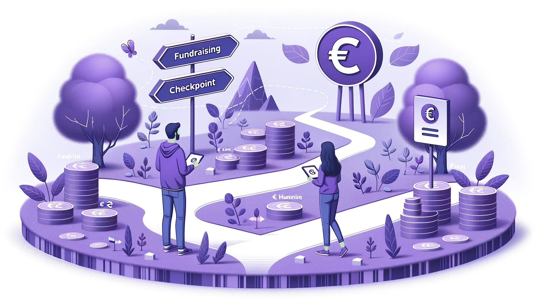 Die Illustration zeigt zwei Personen mit Tablets auf einem mit Euromünzen gesäumten Weg. Auf den Schildern steht „Fundraising“ und „Checkpoint“. Sie sind von Bäumen und Eurosymbolen umgeben, und der Weg führt nach oben durch eine malerische Kulisse.