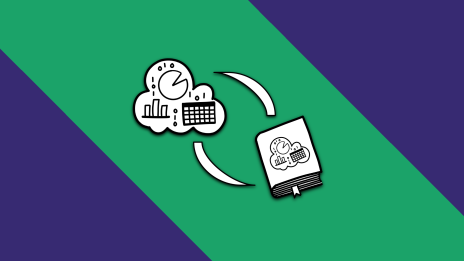 Eine Grafik einer Wolke mit Datensymbolen und einem Buch, verbunden durch gebogene Pfeile, auf einem diagonalen grün-violetten Hintergrund.