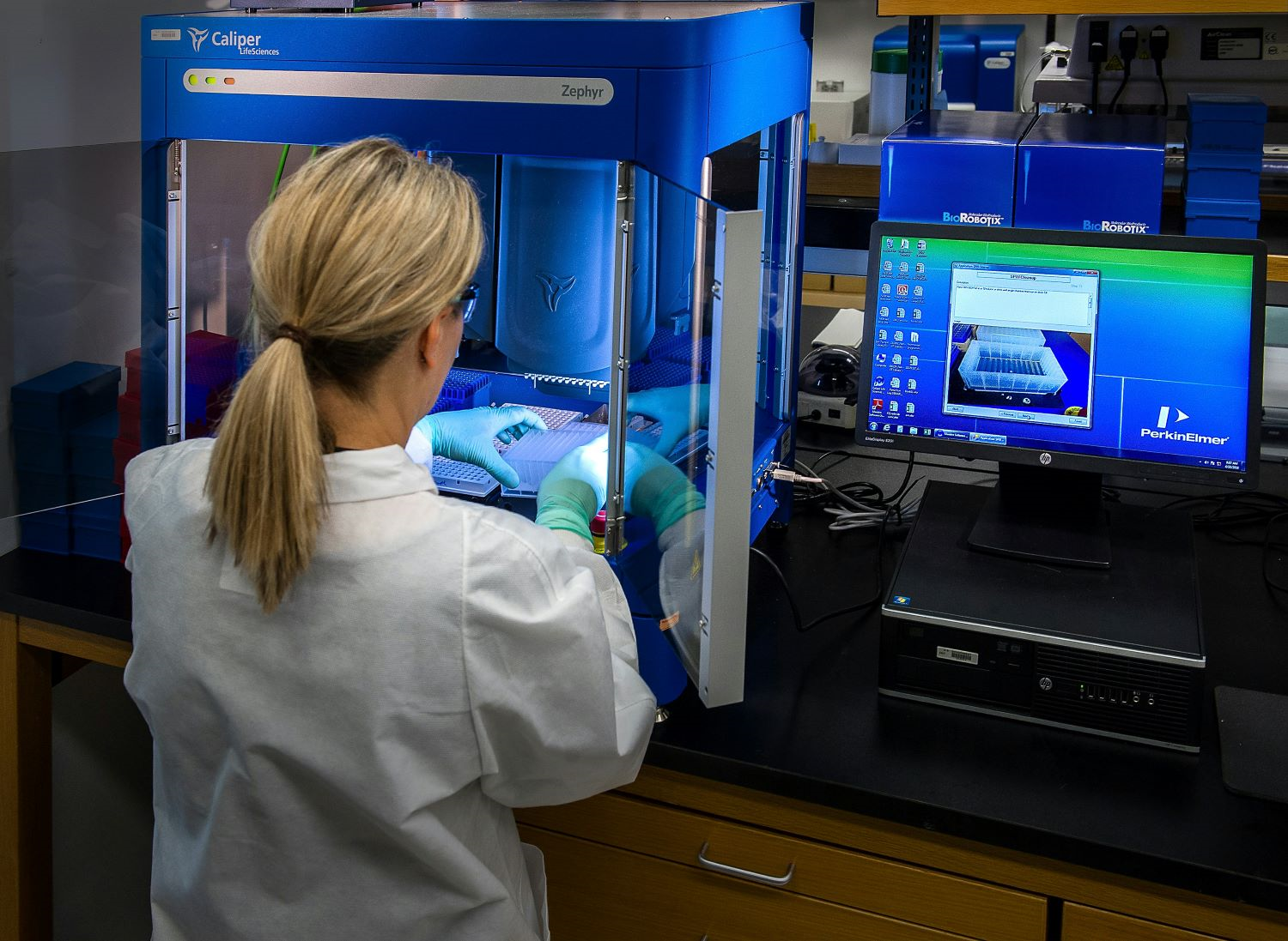 Ein Labortechniker bedient einen Caliper Life Sciences Zephyr Liquid Handling-Roboter. Auf einem Computermonitor wird Software angezeigt, die mit der Funktion der Maschine zusammenhängt. Der Techniker trägt einen weißen Laborkittel. Die Kulisse ist ein modernes Labor.