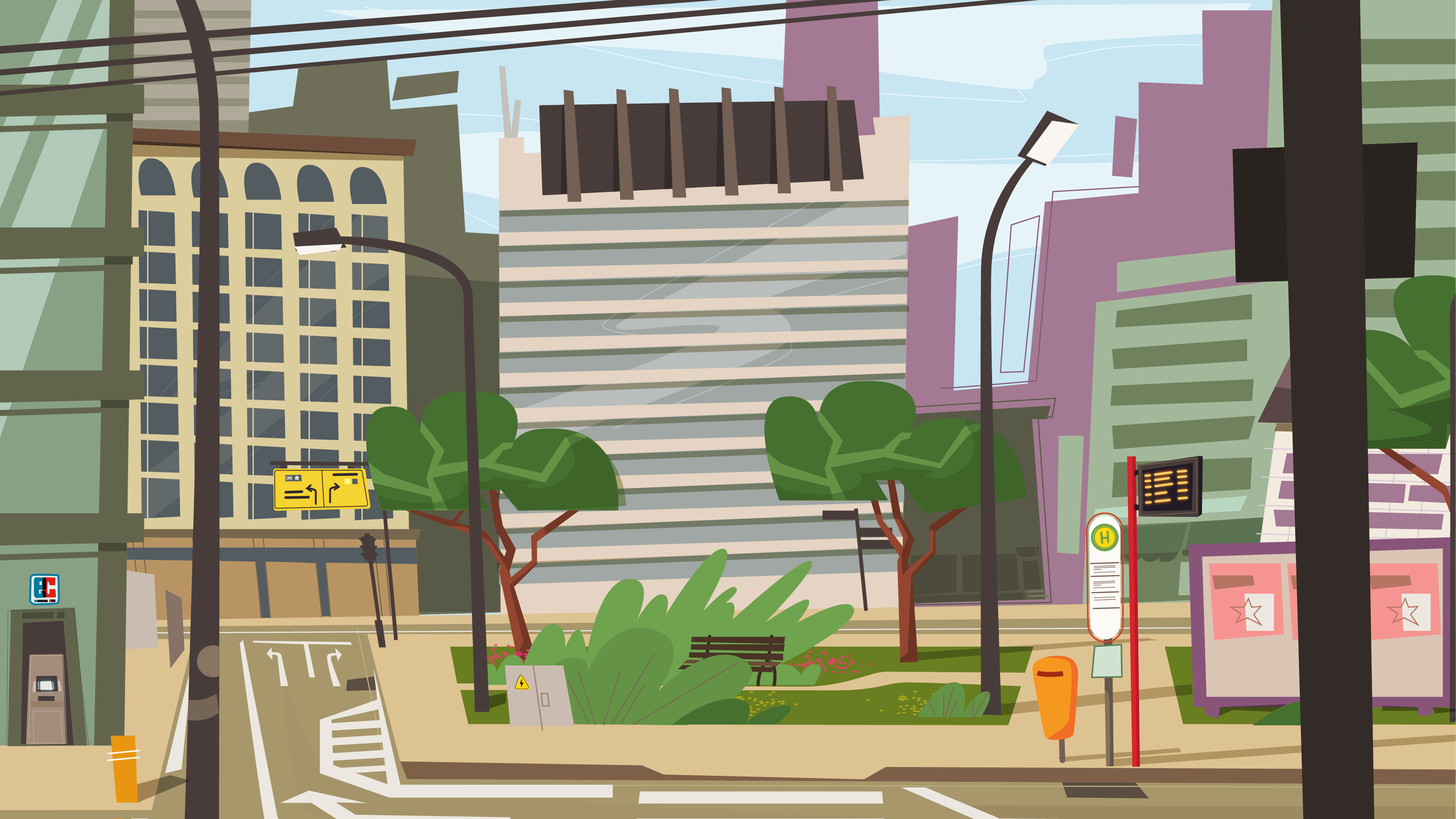 Illustration einer modernen Stadtlandschaft mit hohen Gebäuden, einem kleinen Park mit grünen Bäumen, Bänken und einigen Straßenschildern. Der Himmel ist bedeckt und es gibt verschiedene Straßenelemente wie Masten, Ampeln und eine Bushaltestelle.