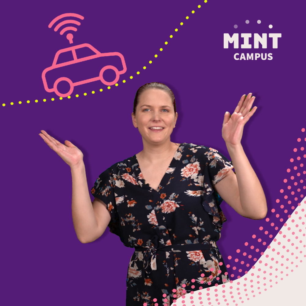 Eine lächelnde Frau in einem geblümten Kleid hebt ihre Hände vor einem violetten Hintergrund mit dem Text „MINT CAMPUS“, einem rosa Auto mit einem Funksignal und gepunkteten Designelementen.