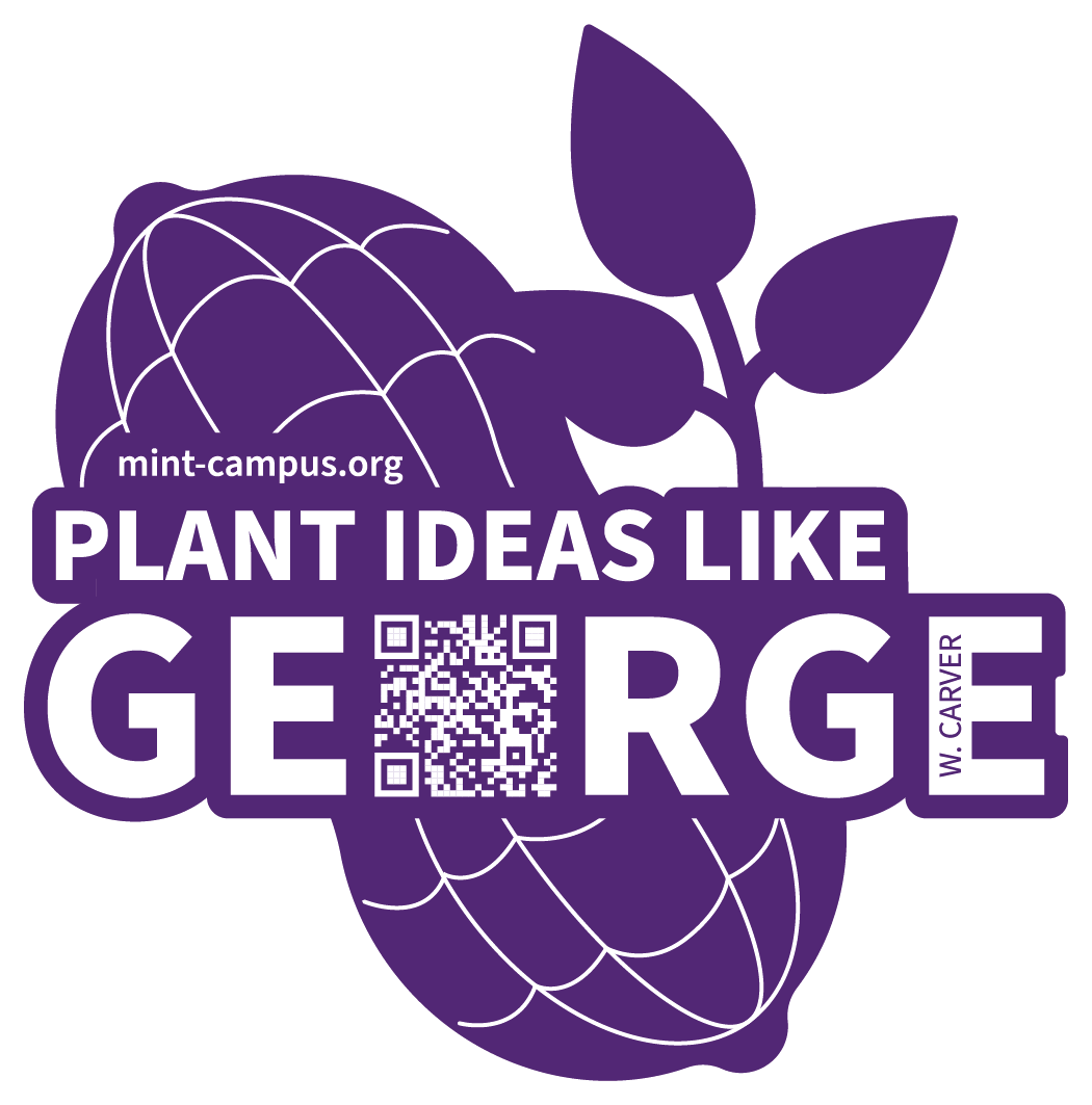 Eine lila Grafik mit einer Erdnuss und sprießenden Blättern im Hintergrund. Weißer Text lautet: „Pflanzenideen wie George Washington Carver.“ Das „O“ in „George“ ist ein QR-Code. Oben steht „mint-campus.org“, rechts steht vertikal „W. Carver“.