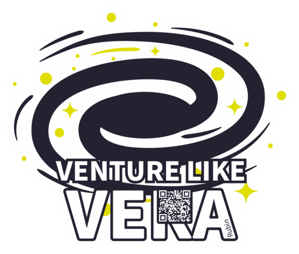 Eine auffällige, wirbelnde Spirale mit gelben Punkten und Glitzer umgibt die Worte „VENTURE LIKE VERA“. Das „E“ in „VERA“ enthält einen QR-Code. Der Name „Rubin“ erscheint vertikal auf dem „A“.