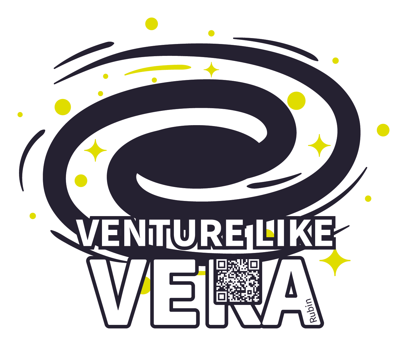 Eine auffällige, wirbelnde Spirale mit gelben Punkten und Glitzer umgibt die Worte „VENTURE LIKE VERA“. Das „E“ in „VERA“ enthält einen QR-Code. Der Name „Rubin“ erscheint vertikal auf dem „A“.