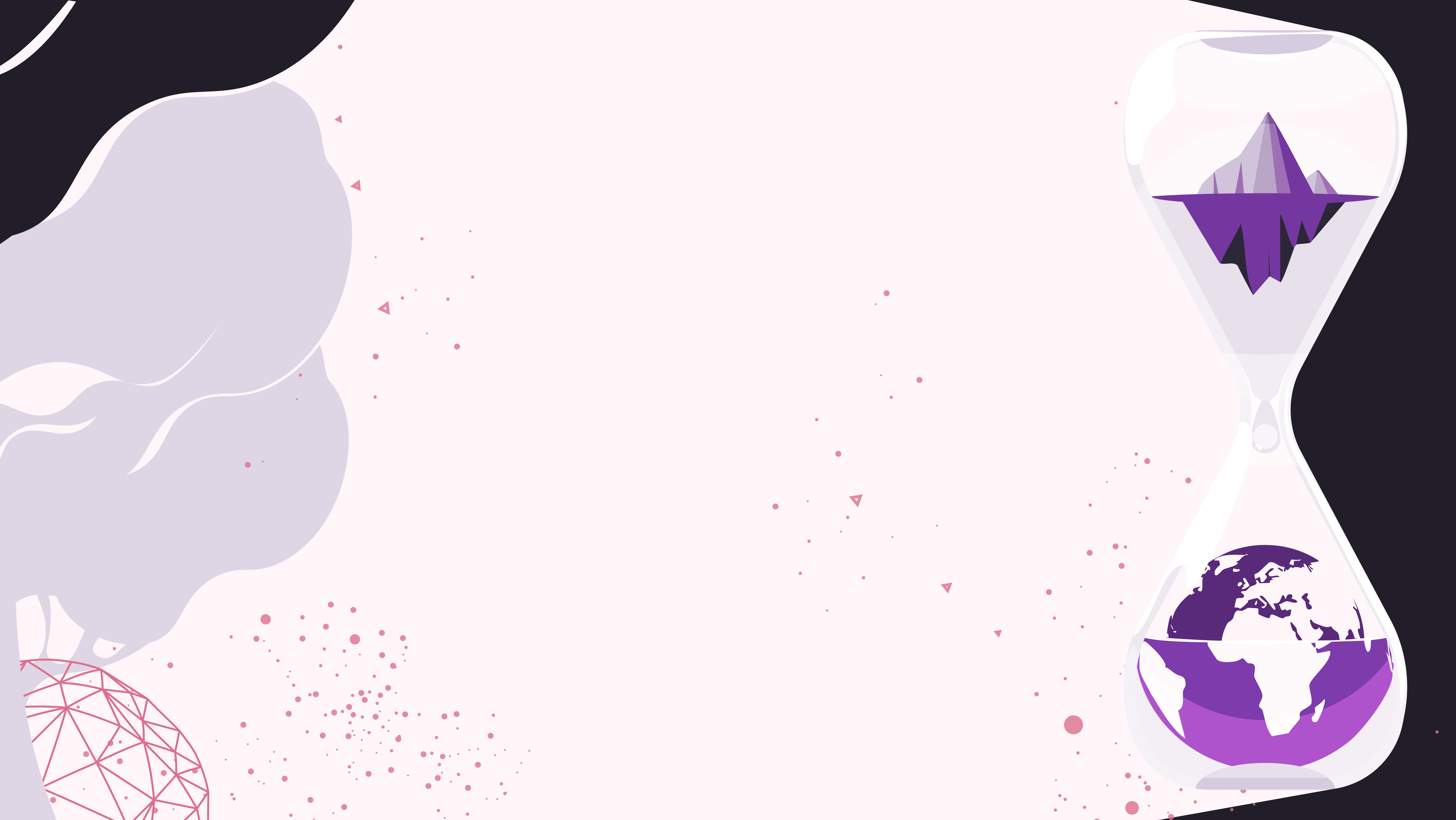 Minimalistische Illustration mit dem Profil einer Frau auf der linken Seite, stilisierten lila Haaren und einer Sanduhr auf der rechten Seite, die einen Globus und einen Eisberg enthält. Hellrosa Hintergrund mit verstreuten Punkten und geometrischen Formen.
